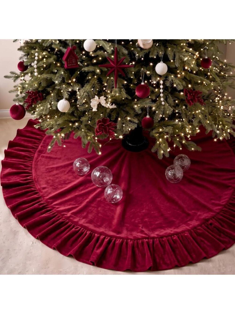 Luxurious Red Velvet Christmas Tree Skirt, 60" with Elegant Bow Design